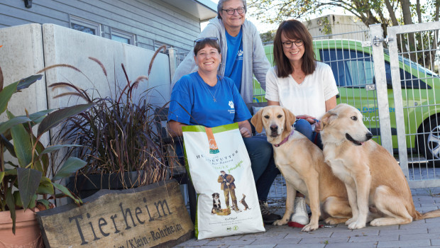 Freuen sich über die Spende (von links): Sabine Greim-Feld, 1.Vorsitzende Tierschutzverein Gernsheim, Martina Grundmann, Tierheimleiterin, Simone Frahry, Defu-Vertrieb sowie Biggy und Brownie.