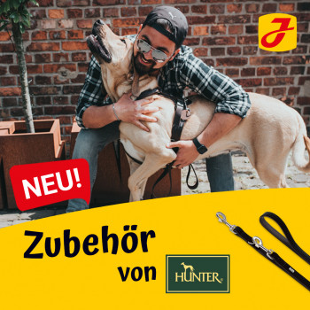 Das im Online-Shop angebotene Sortiment an Hunter-Produkten umfasst eine Auswahl an Führleinen, Halsbändern, Hunde- und Katzennäpfen und auch Spielzeug.