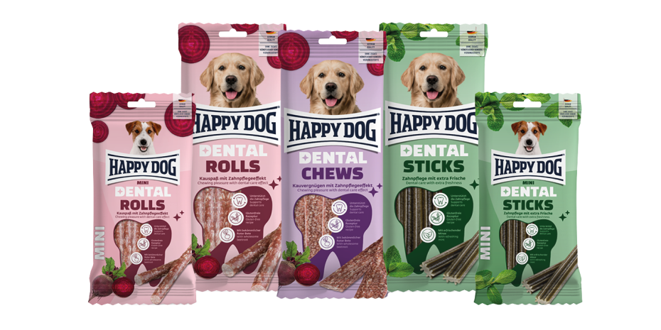 Für noch mehr Abwechslung: Mit der neuen Happy Dog Dental Snack Linie ziehen hochwertige Kaustreifen, -rollen und -sticks ins Portfolio ein.