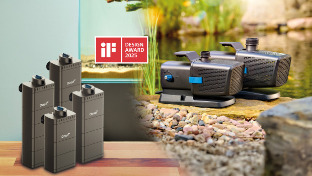 Die Wasserspielpumpe (r.) und die Innenfilter der Reihe Eco-Flow wurden mit Design Awards ausgezeichnet.
