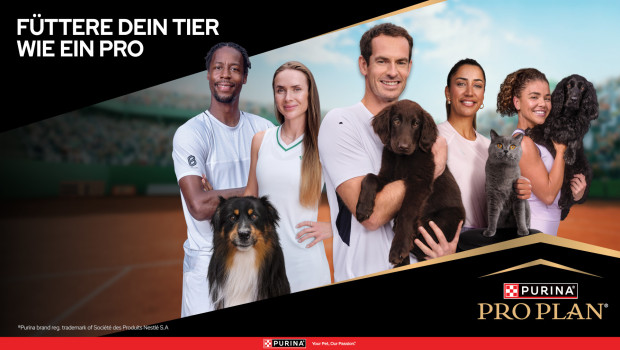 Die Purina Pro Plan Squad, v.l.n.r.: Gaël Monfils und Elina Svitolina mit ihrem Hund Wizz, Andy Murray mit seinem Welpen Bonnie, Çağla Büyükakçay mit ihrer Katze Izo und Jasmine Paolini mit ihrem Hund Cesare.&nbsp;