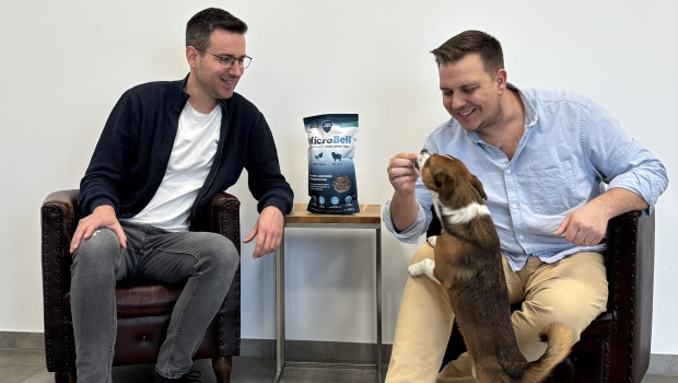 Geschäftsführer Marcel Hoffmann (links) und Vertriebsleiter Bert Fuhrmann setzen mit „MicroBell“ auf innovatives Proteinkonzept ohne tierisches Eiweiß – ob beim Snack, Trocken- oder dem neuen Nassfutter.