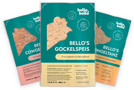 Hellobello bietet drei Grundrezepte an: „Cowgenuss“ mit Rind, „Gockelspeis“ mit Huhn und „Ringeltanz“ mit Schwein.