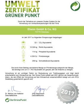 Eheim beteiligt sich seit 1992 am Recycling-System „Grüner Punkt“. Jährlich stellt das Duale System Deutschland ein Umweltzertifikat aus.