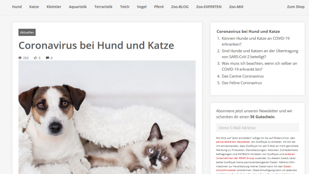 Onlineshops (hier: Zoo Royal) informieren ihre Kunden über verlängerte Lieferzeiten. 