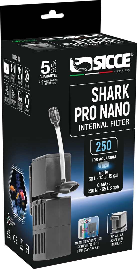 Für die D-A-CH-Region ist Dennerle Plants Vertriebspartner von Sicce-Produkten wie den Innenfilter Shark Pro nano mit Magnethalterung.