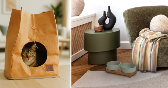 Katzenhöhle in Paperbag-Optik und edle Keramiknäpfe in modischen Farben gehören zur Exklusivmarke.