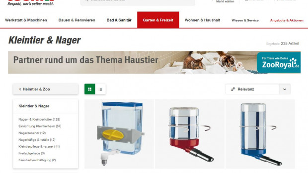 Die Auswahl an Heimtierprodukten ist groß, hier ein Screenshot der aktuellen Website.