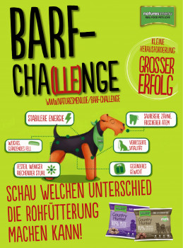 Mit einem Plakat bewirbt das Unternehmen die Barf-Challenge.